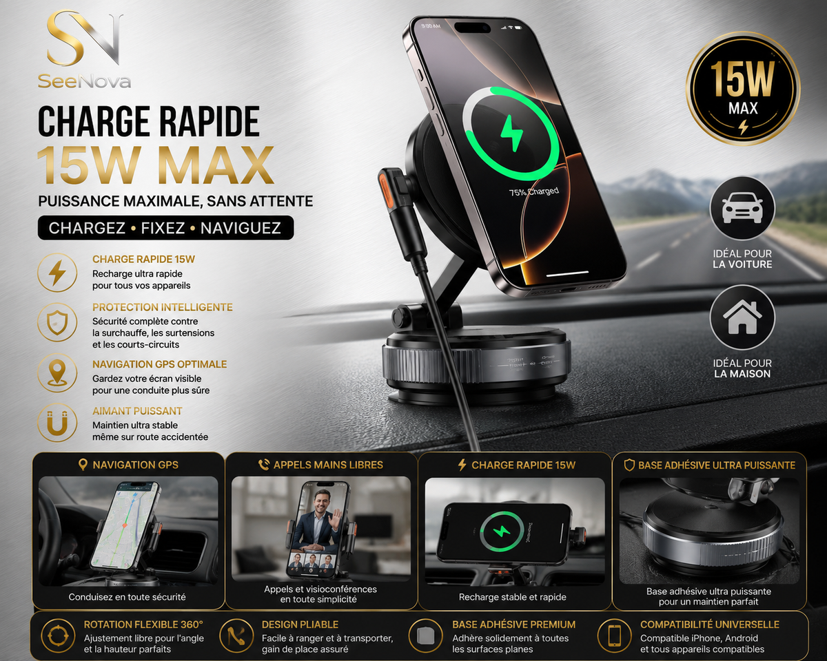 Support magnétique avec charge sans fil 15W pour voiture et maison