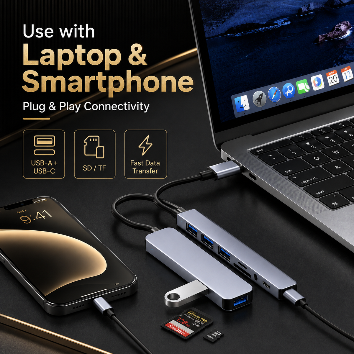 Hub USB 8-en-1 | Compatible Windows, macOS, Android et iOS