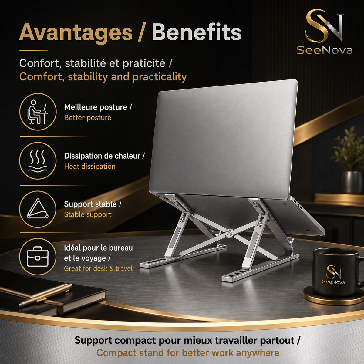 Support pliable en aluminium et réglable pour ordinateur portable
