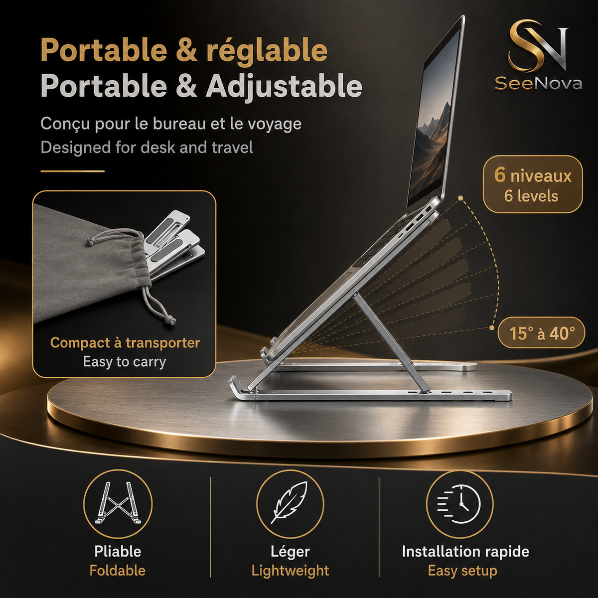 Support pliable en aluminium et réglable pour ordinateur portable
