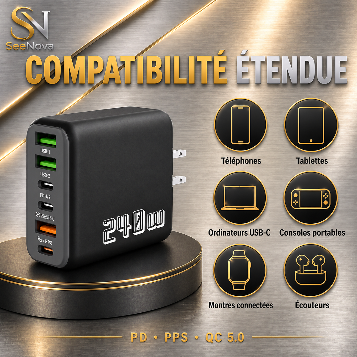 Chargeur mural rapide 240 W à 6 ports |USB & Type-c