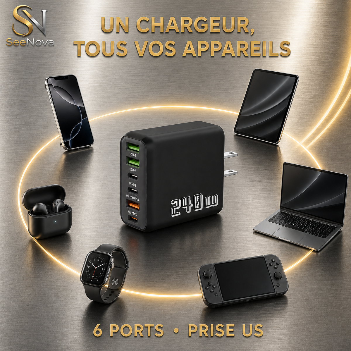 Chargeur mural rapide 240 W à 6 ports |USB & Type-c