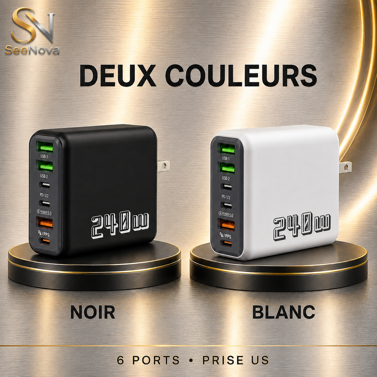 Chargeur mural rapide 240 W à 6 ports |USB & Type-c