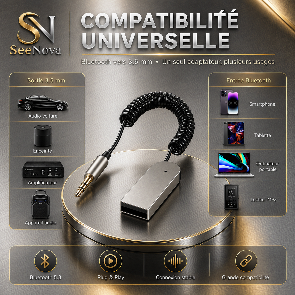 Adaptateur audio Bluetooth USB-A vers prise 3,5 mm
