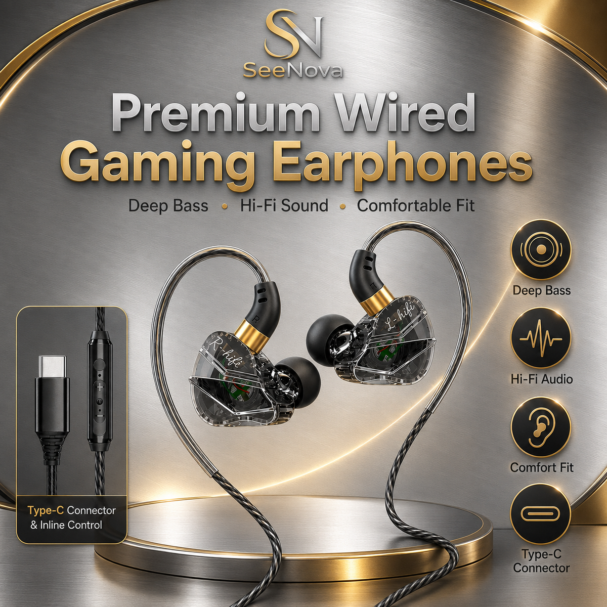 Écouteurs sportifs à trou rond, casque supra-auriculaire Type-C