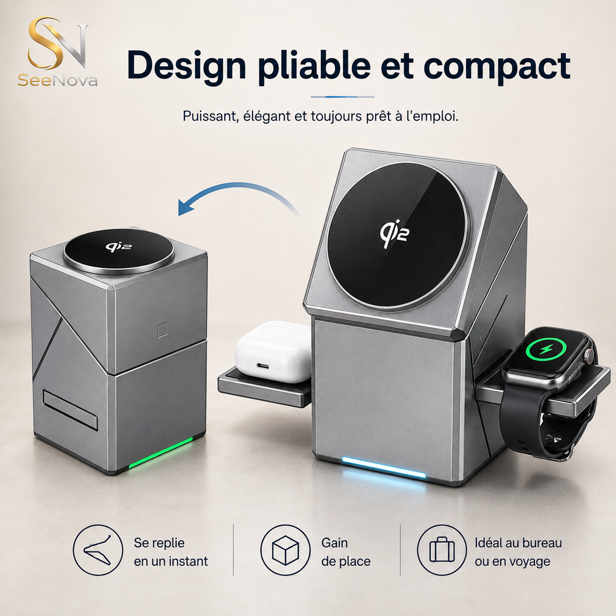 Station de recharge sans fil magnétique 3-en-1 pliable – 15W