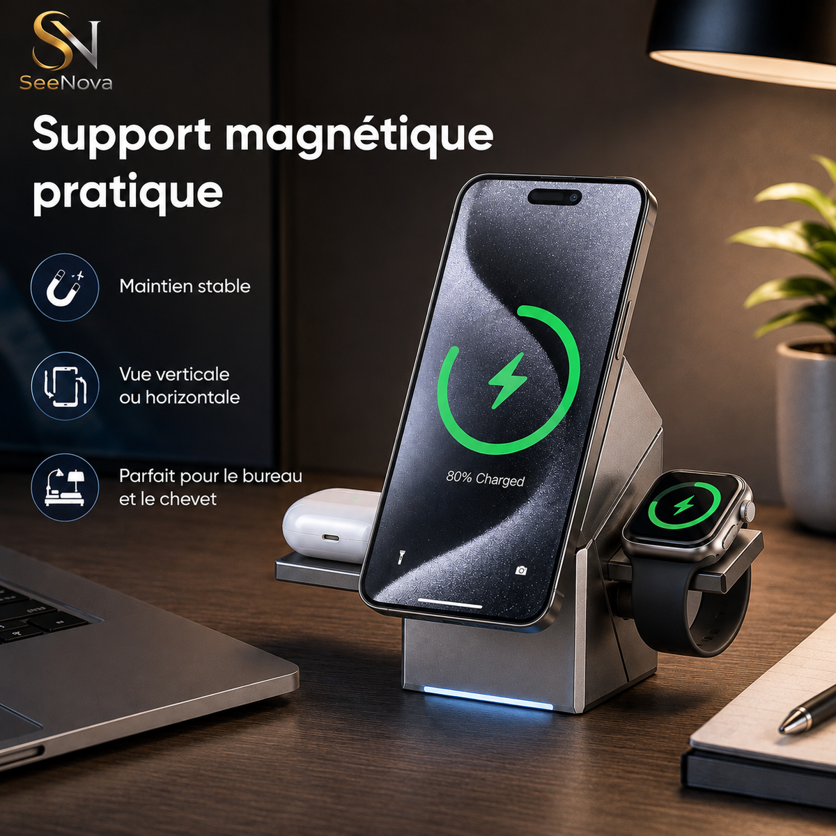Station de recharge sans fil magnétique 3-en-1 pliable – 15W