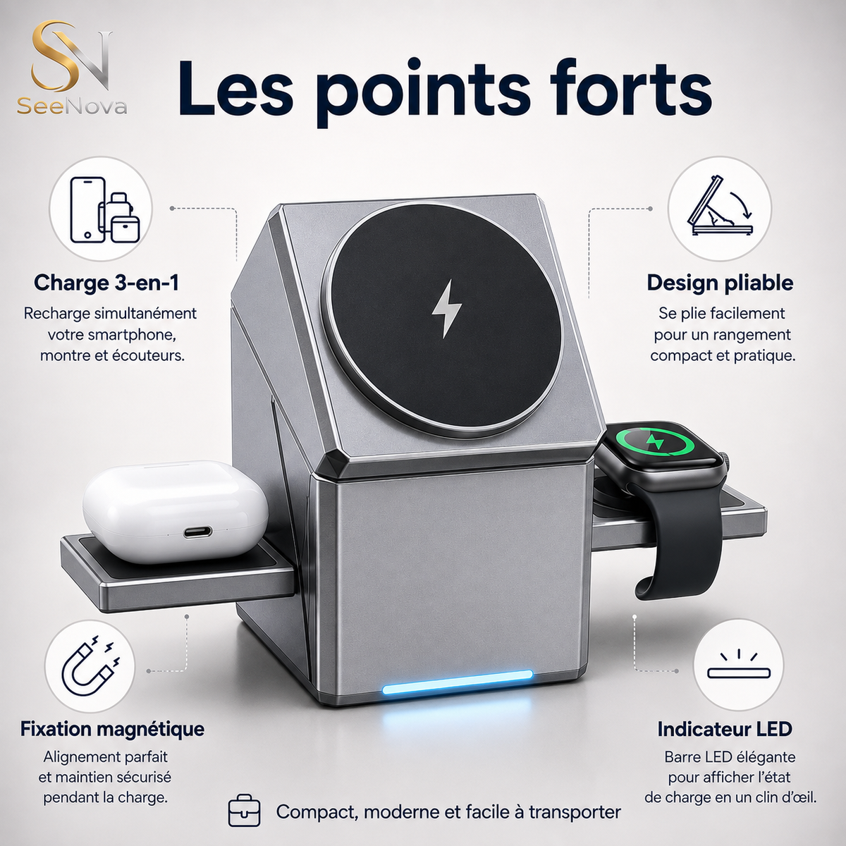 Station de recharge sans fil magnétique 3-en-1 pliable – 15W