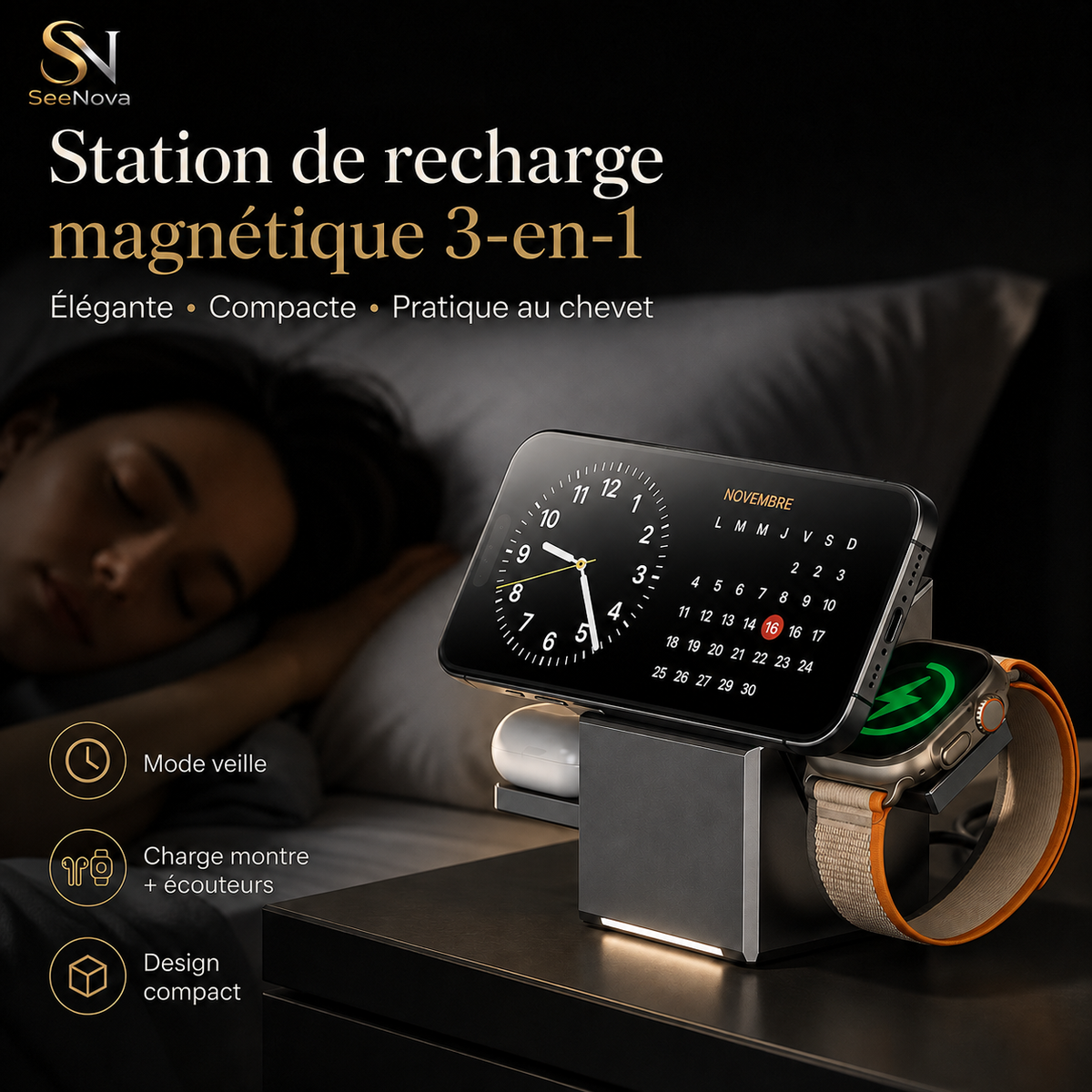Station de recharge sans fil magnétique 3-en-1 pliable – 15W