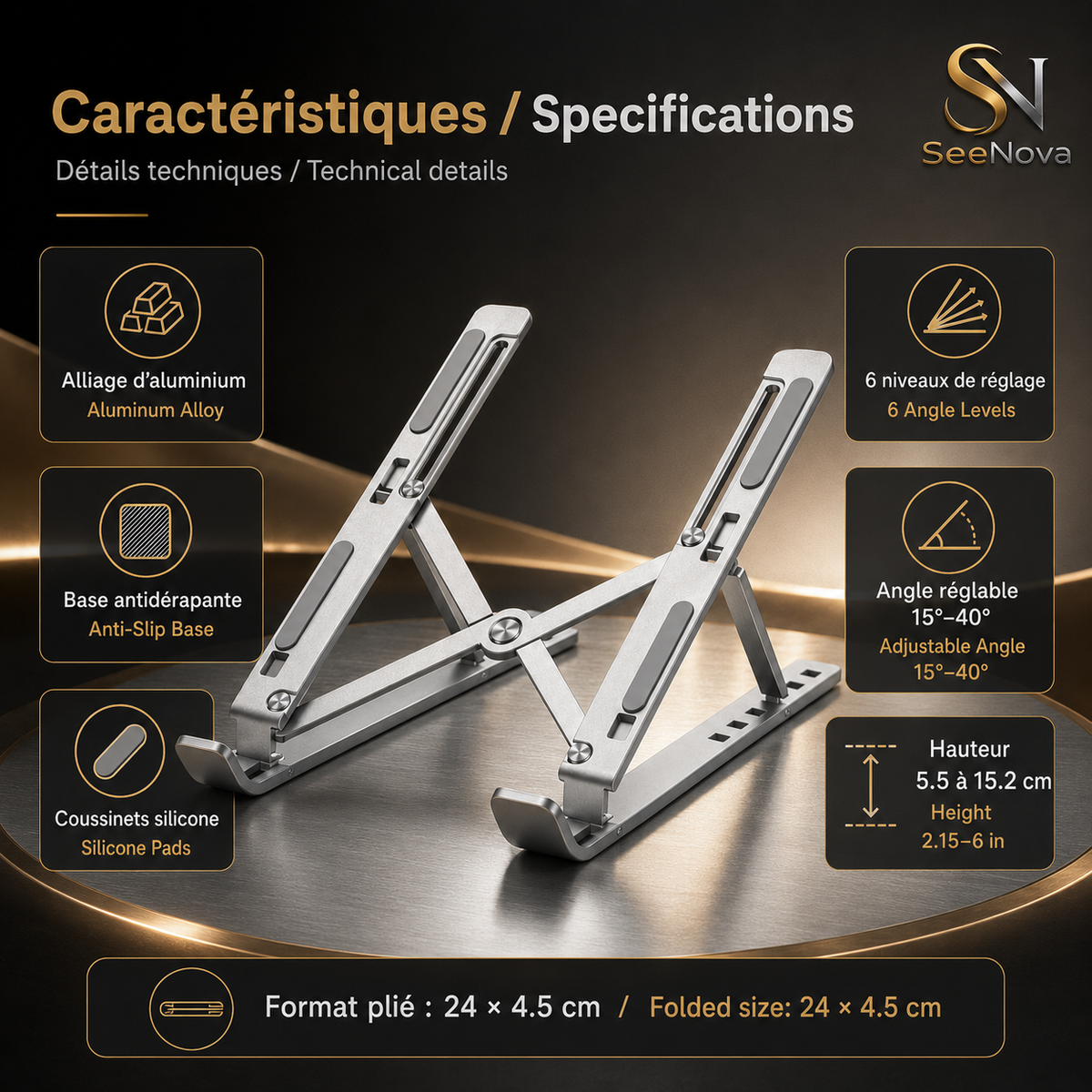 Support pliable en aluminium et réglable pour ordinateur portable