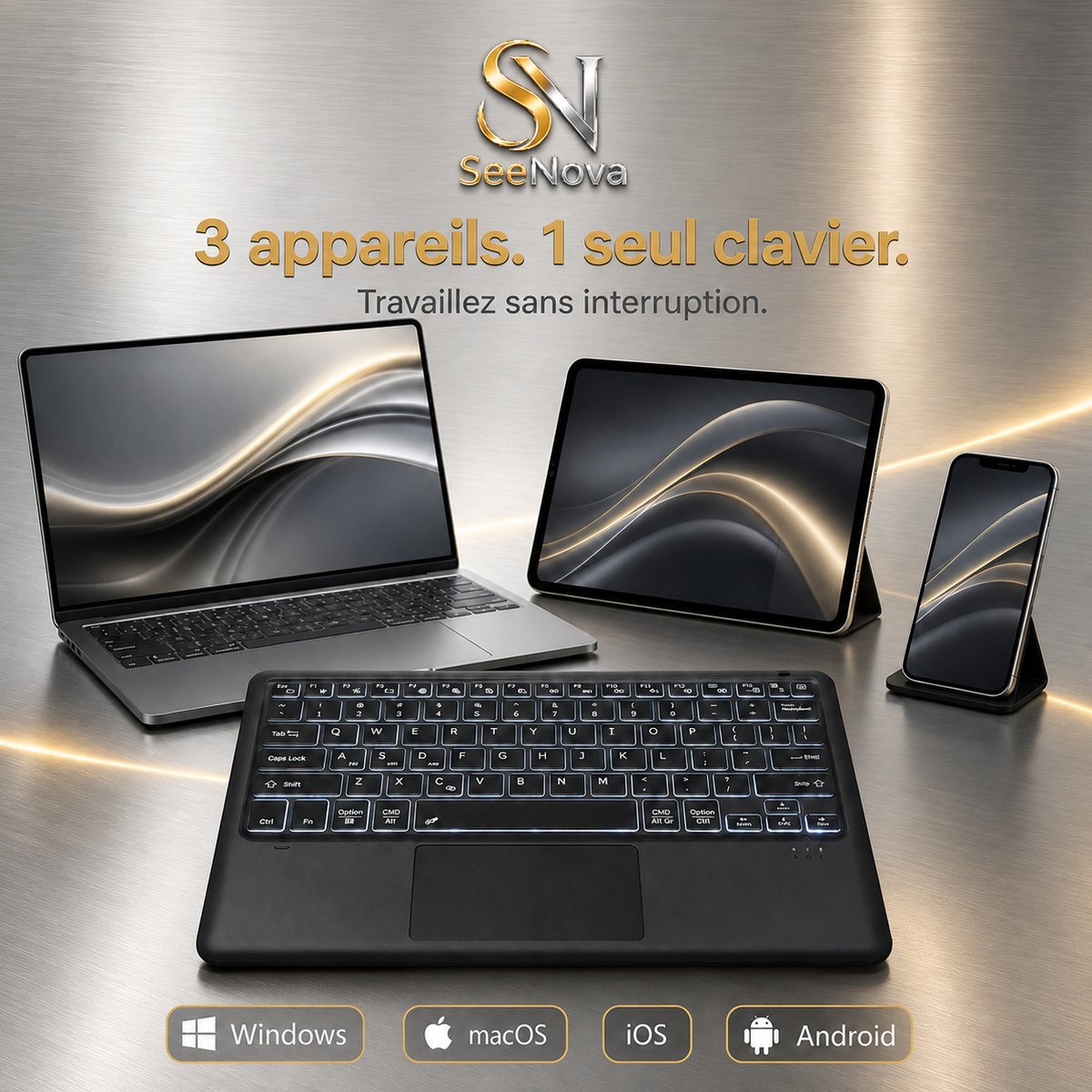 Clavier Bluetooth rétroéclairé avec pavé tactile | Multi-appareils