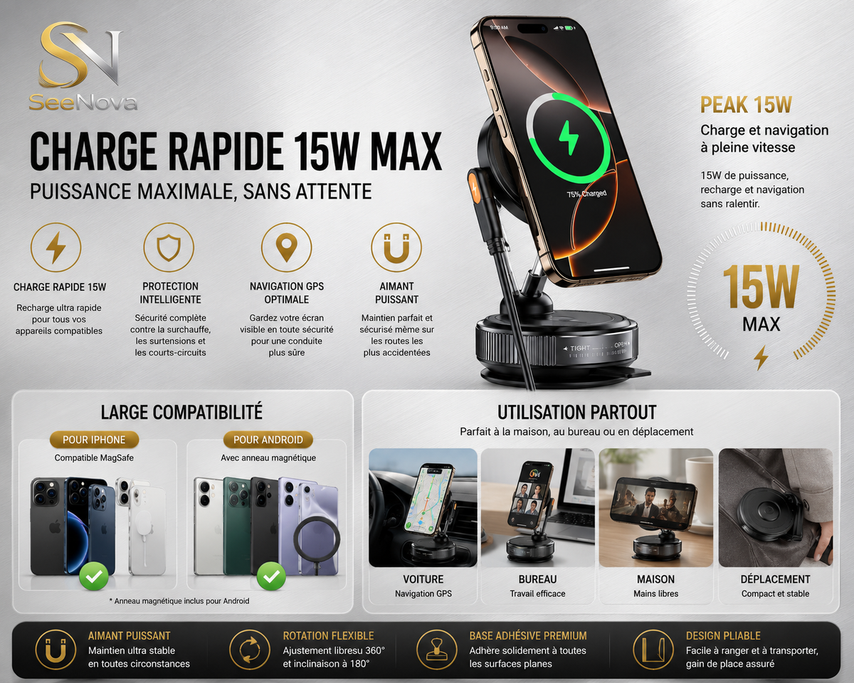 Support magnétique avec charge sans fil 15W pour voiture et maison