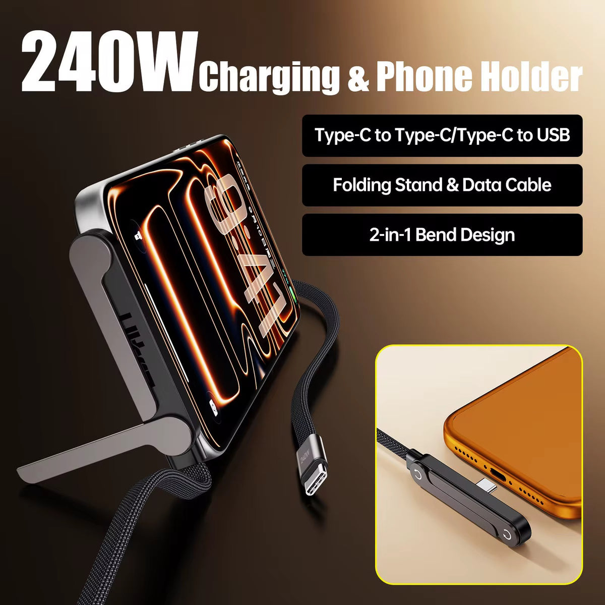 Câble USB-C 240 W avec support de téléphone pliable