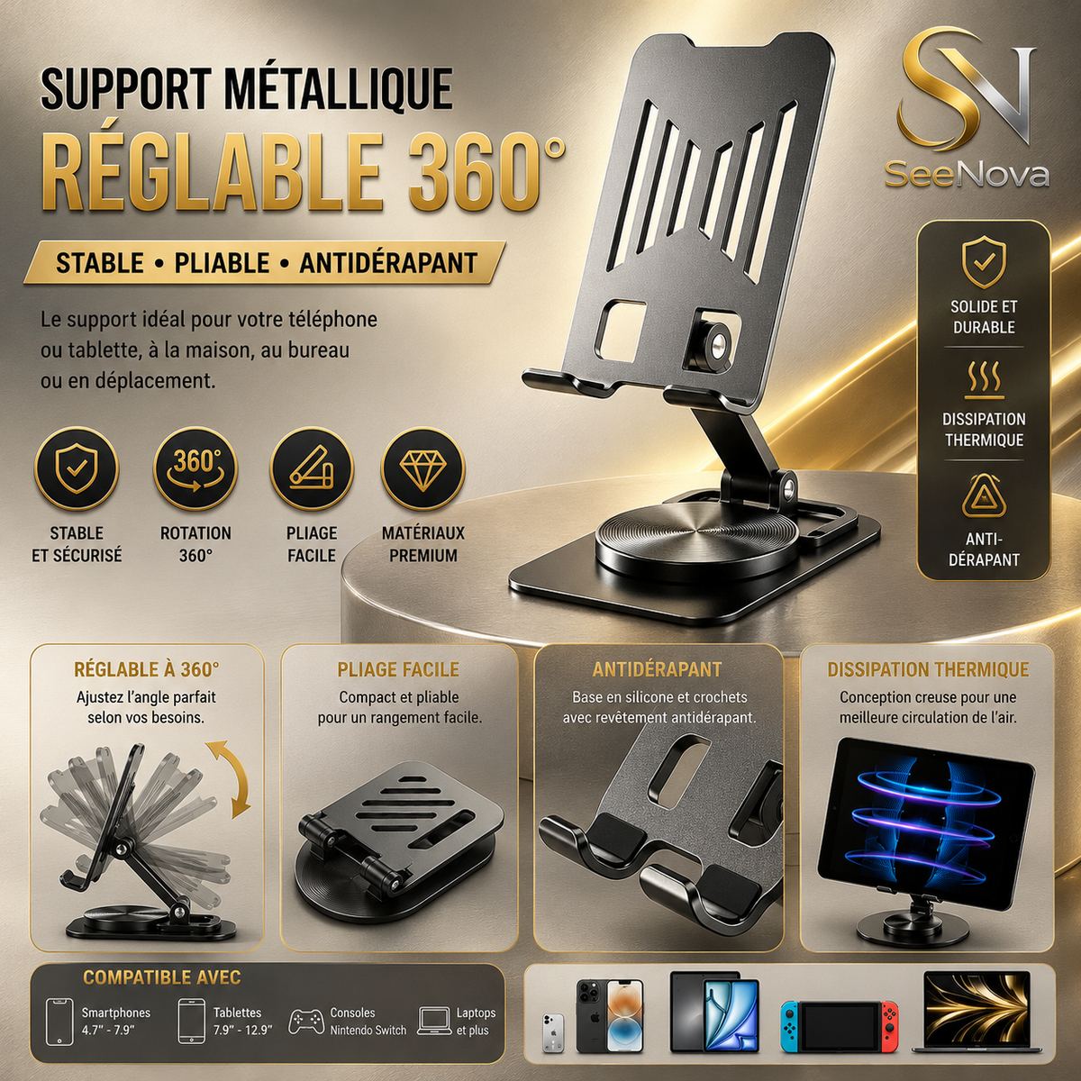 Support Métallique Premium Pliable 360° pour Téléphone & Tablette