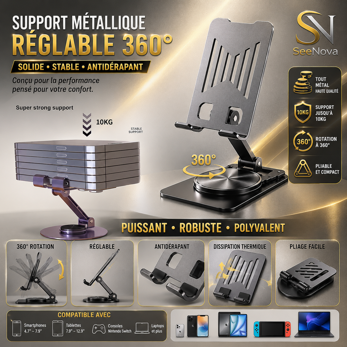 Support Métallique Premium Pliable 360° pour Téléphone & Tablette