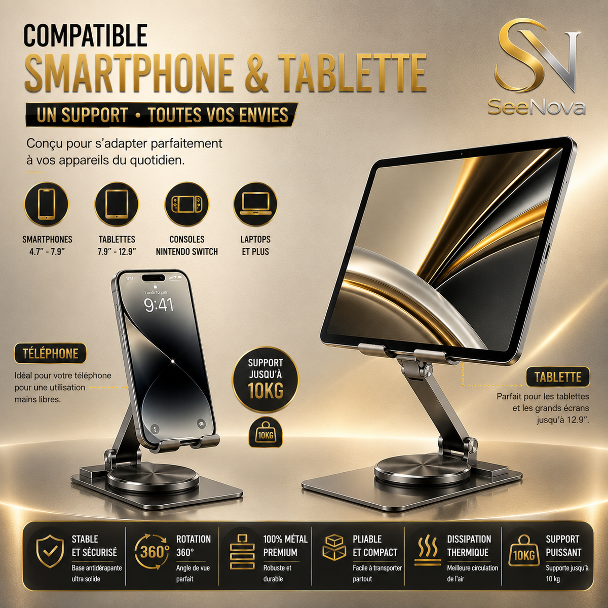 Support Métallique Premium Pliable 360° pour Téléphone & Tablette