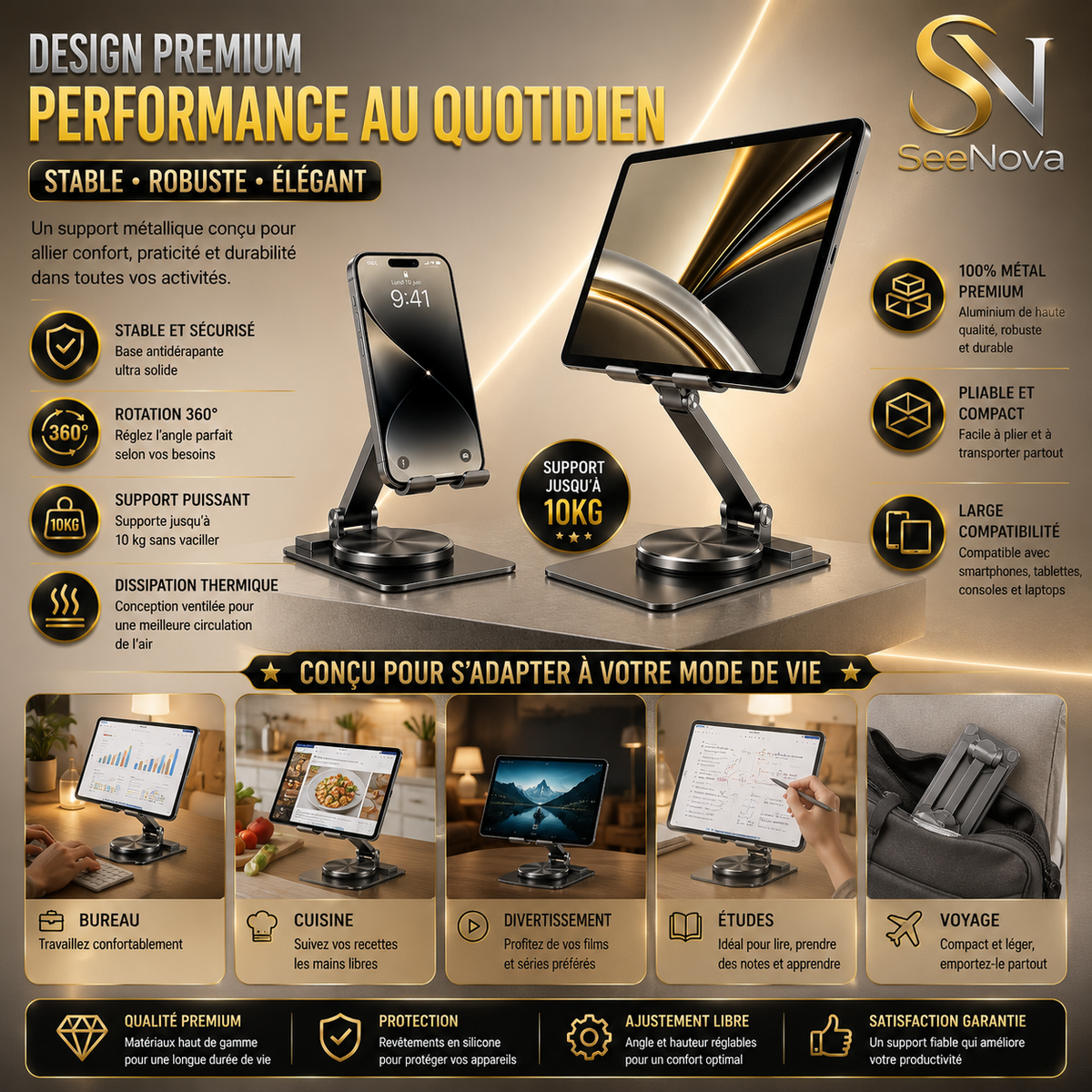 Support Métallique Premium Pliable 360° pour Téléphone & Tablette