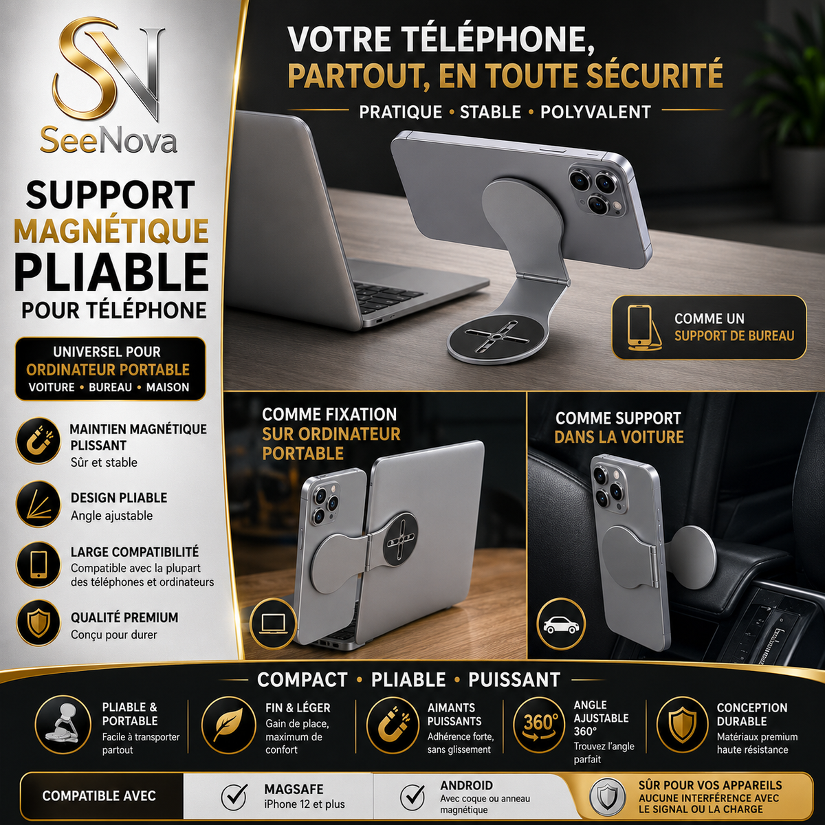 Support Magnétique 2-en-1 pour Téléphone et Ordinateur Portable