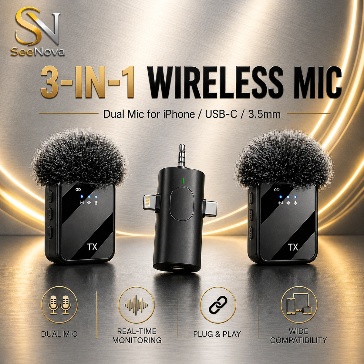 Microphone sans fil 3-en-1 Lightning|USB-C et 3,5 mm